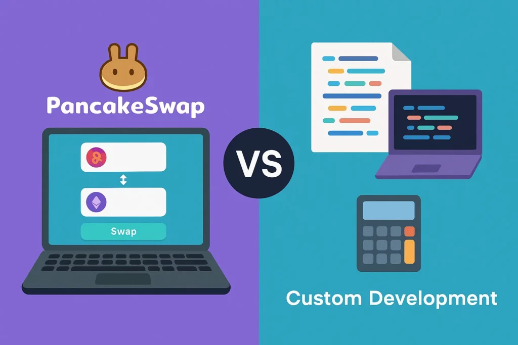 Cheerful bunny character pointing to PancakeSwap clone -style DeFi interface with graph and token swap UI