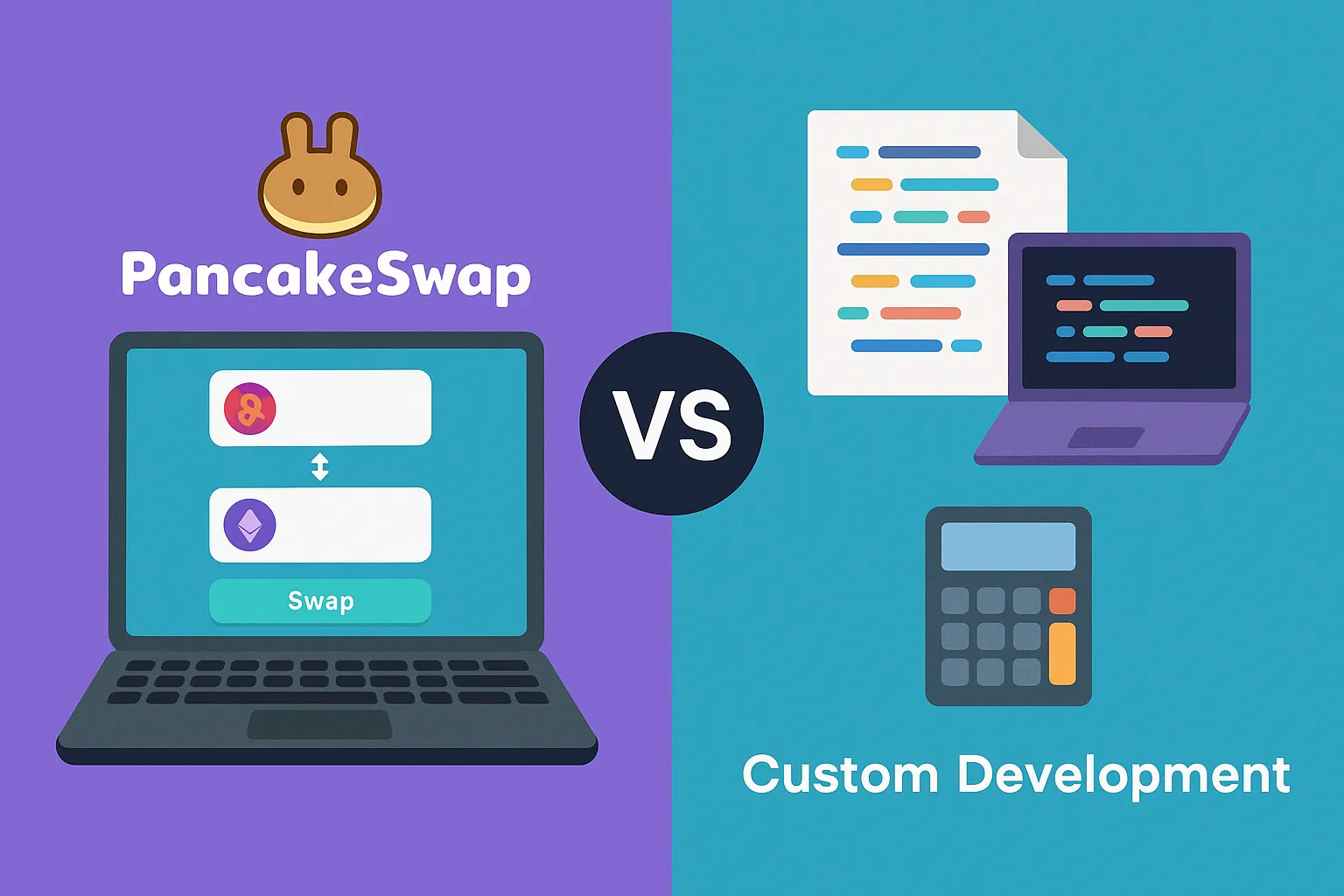 Cheerful bunny character pointing to PancakeSwap clone -style DeFi interface with graph and token swap UI