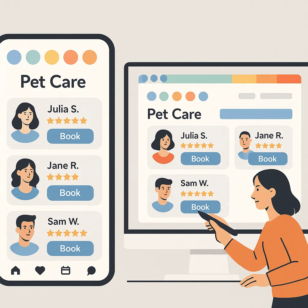 Visual representation of responsive UI/UX design for a customizable Rover clone app with pet care booking features.