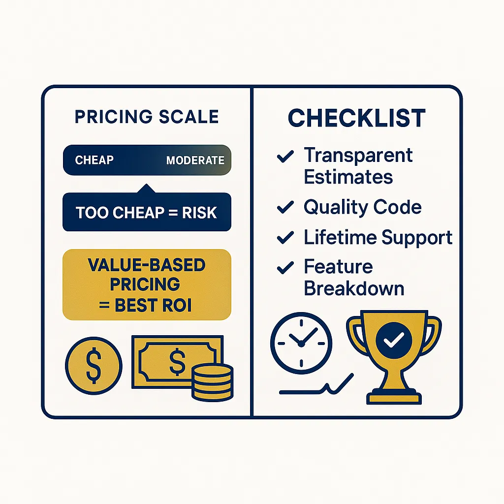 Balanced pricing vs. value infographic with labeled features like detailed estimates, transparent pricing, and a warning against underpriced development.