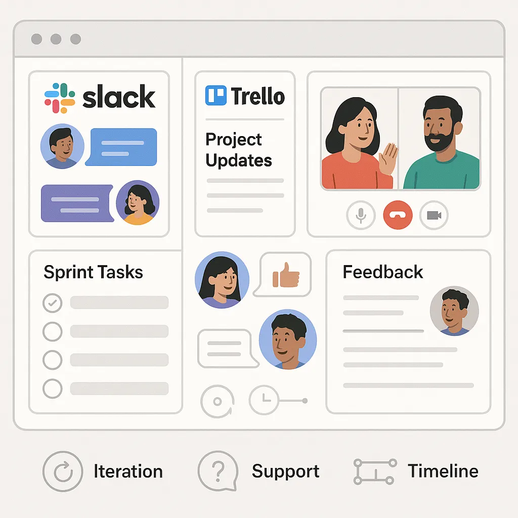 Workflow and communication tools illustration showing how development teams collaborate on Rover clone projects.