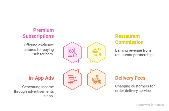 Infographic showing key monetization models for foodpanda clone delivery apps including commission, delivery fees, in-app ads, and subscriptions