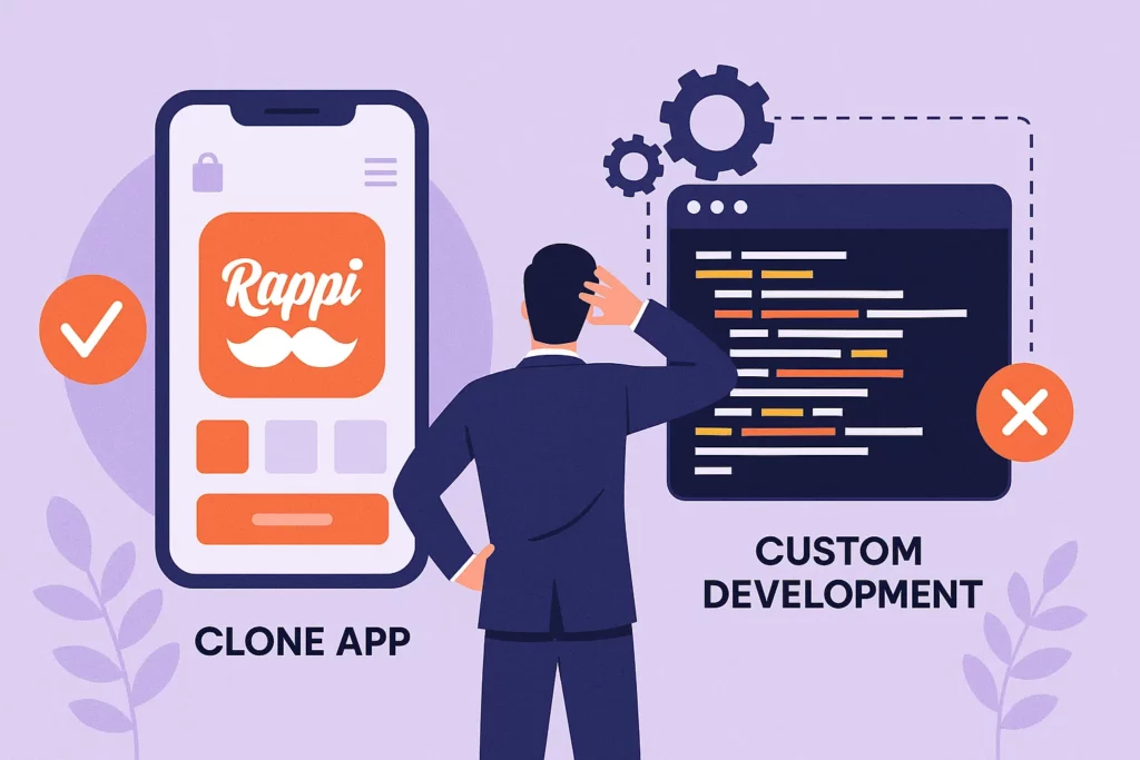 Businesspeople comparing rappi clone vs custom development with decision arrows