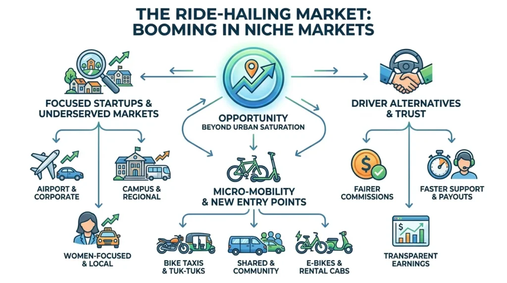 Drivers, Demand & Disruption: The New Business Case for Rideshare Uber Startups 1 Ride-hailing market infographic showing niche market opportunities, underserved cities, airport and corporate rides, campus and regional transport, women-focused local ride services, micro-mobility, bike taxis, tuk-tuks, shared community rides, e-bikes, rental cabs, driver trust, fair commissions, faster payouts, and transparent earnings.