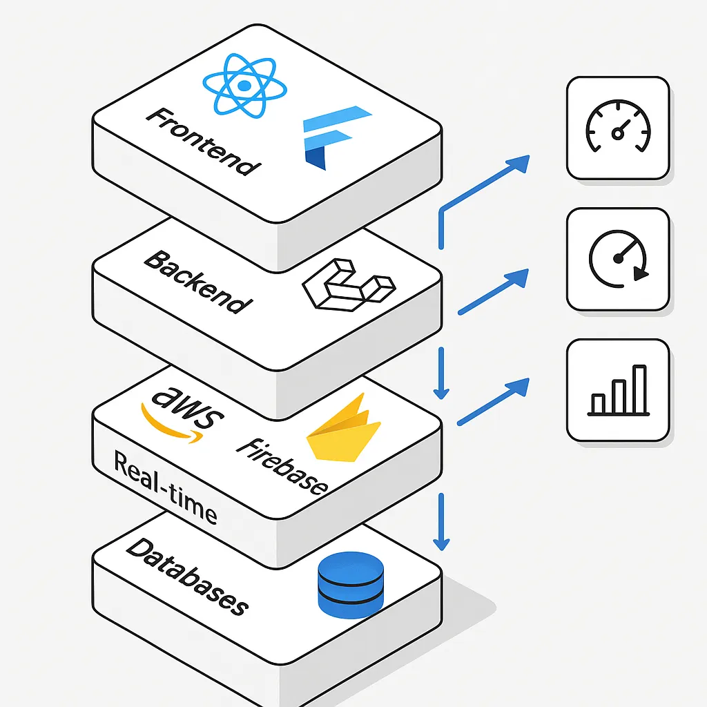 Scalable tech stack illustration for Rappi clone app showing frontend, backend, and cloud services used for performance and growth.