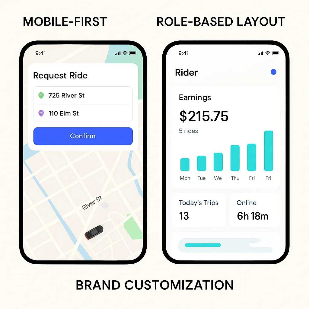 Side-by-side UI mockups of a rider and driver app showing customized, user-friendly design tailored for Bolt clone platforms.