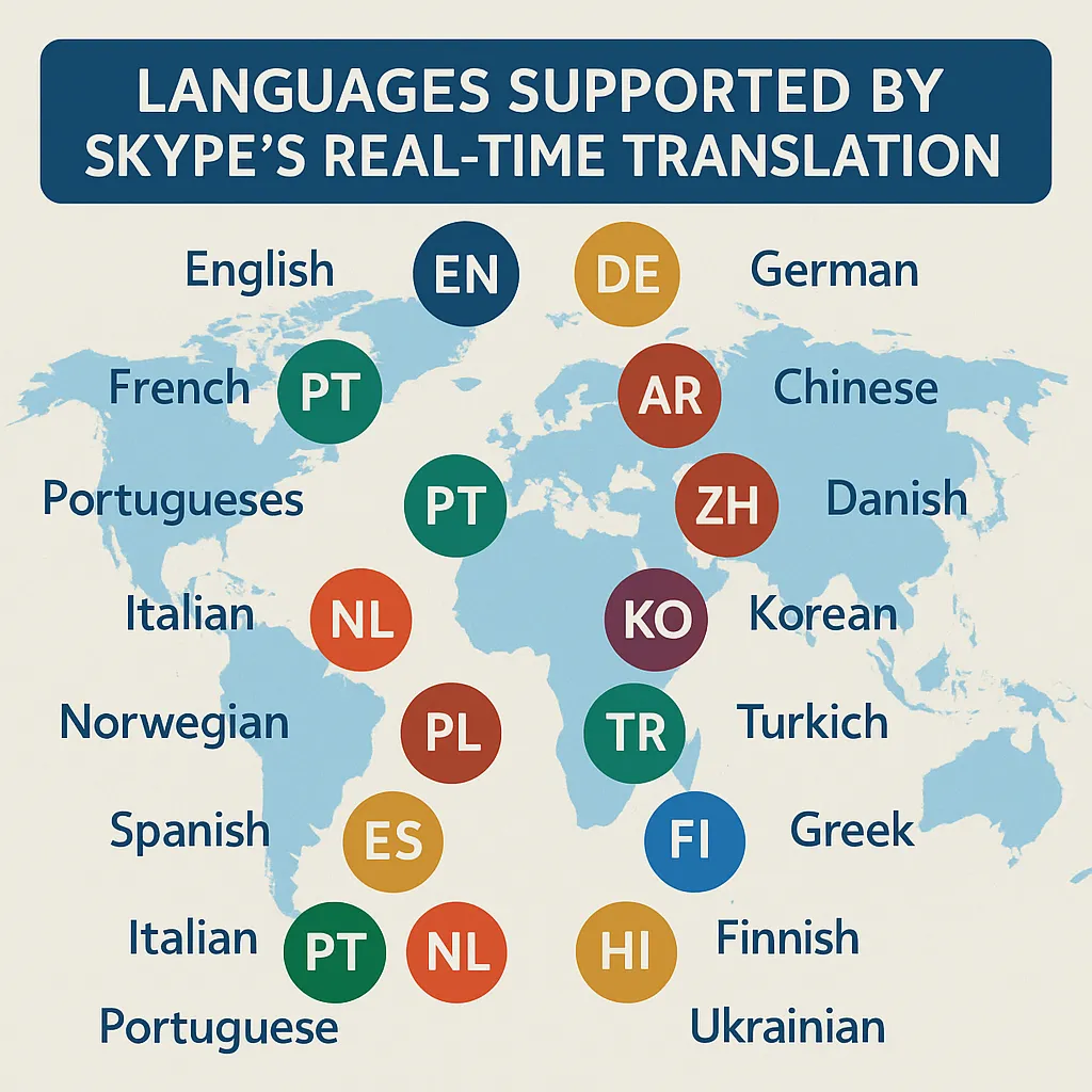 World map labeled with languages supported by Skype's real-time translation, including English, Spanish, Arabic, Chinese, Korean, and more
