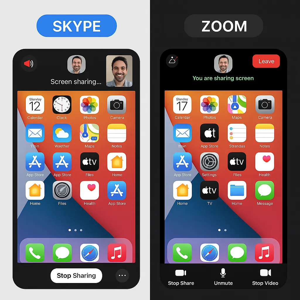 Side-by-side mobile screenshots comparing Skype and Zoom screen sharing interfaces during a video call