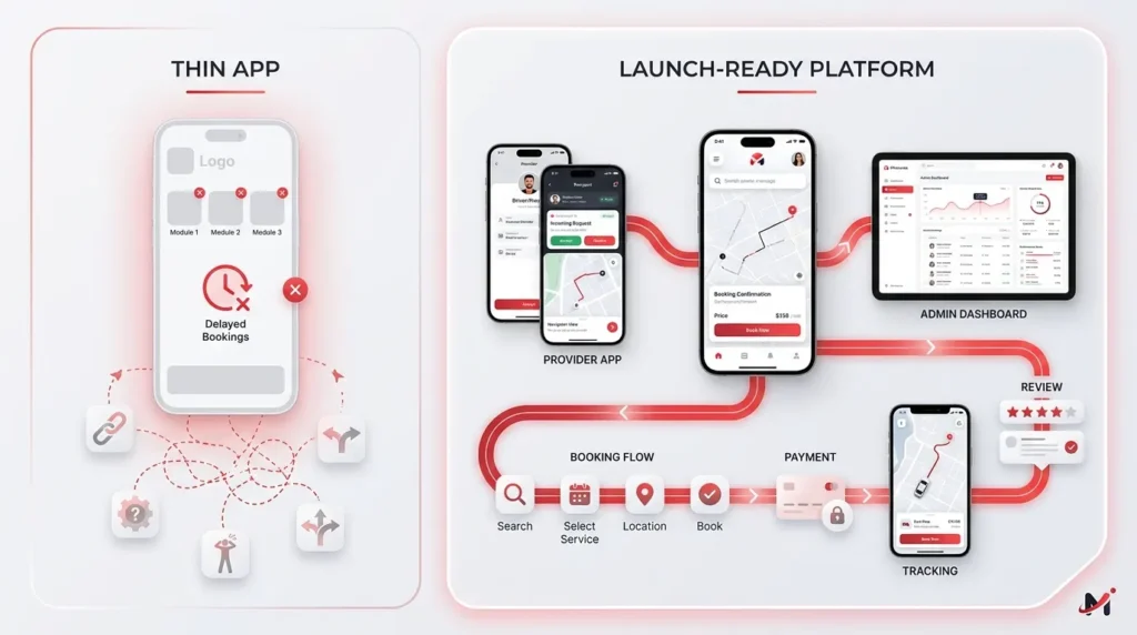 Launch Smart, Grow Fast: How Our Uber for X Clone Powers Startup Scalability 1 Startup launch path infographic showing a thin app with delayed bookings, broken modules and disconnected workflows compared with a launch-ready platform featuring provider app, customer booking flow, admin dashboard, payments, live tracking, reviews and complete on-demand app architecture.