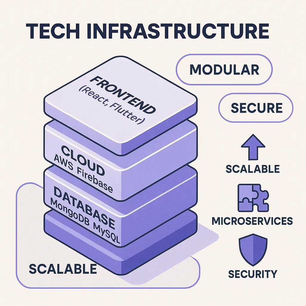 Infographic displaying scalable tech stack including cloud architecture and modern frameworks for Rover clone app development.