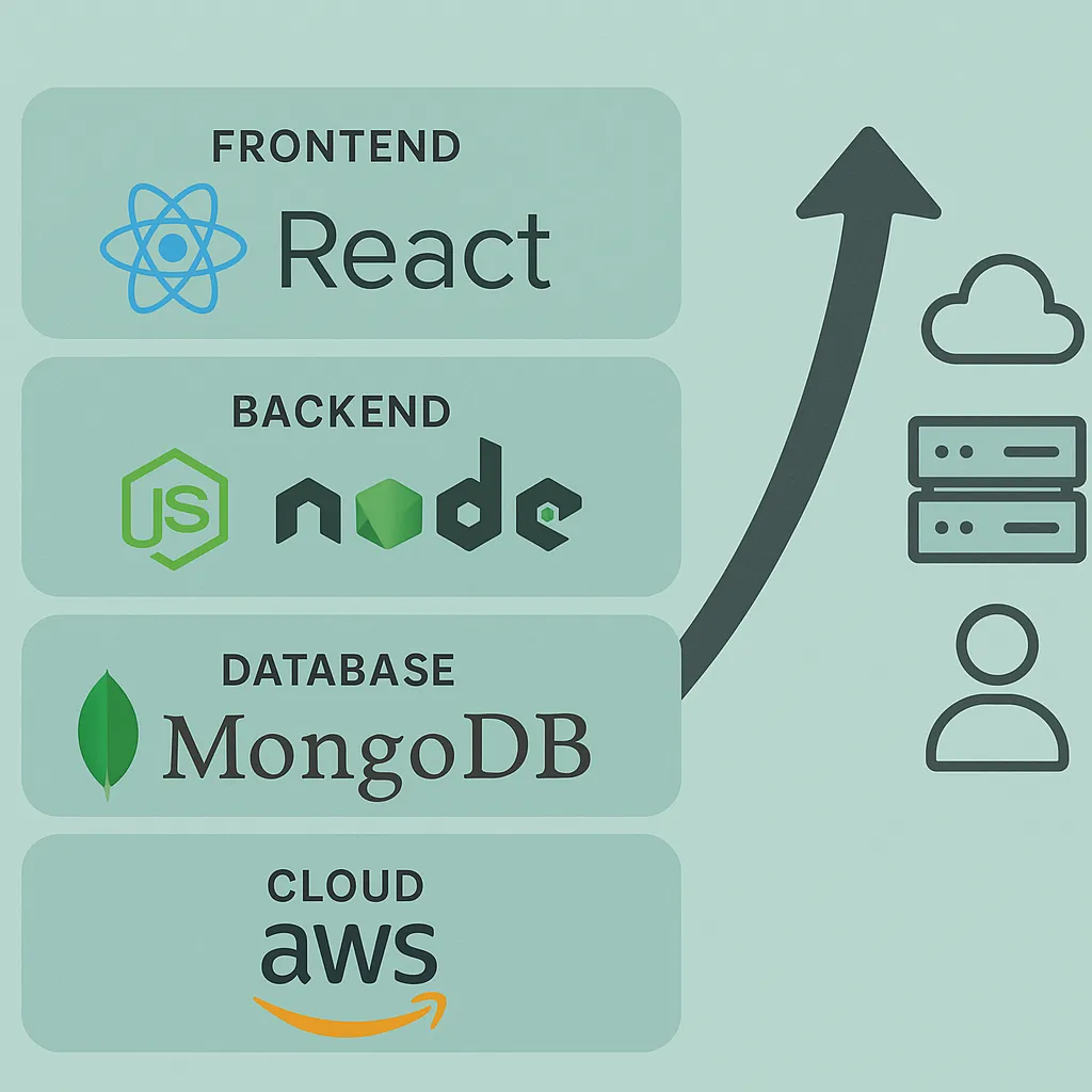 Tech stack and scalability illustration for Myntra clone apps showing frontend, backend, cloud, and database tools with scaling indicators.
