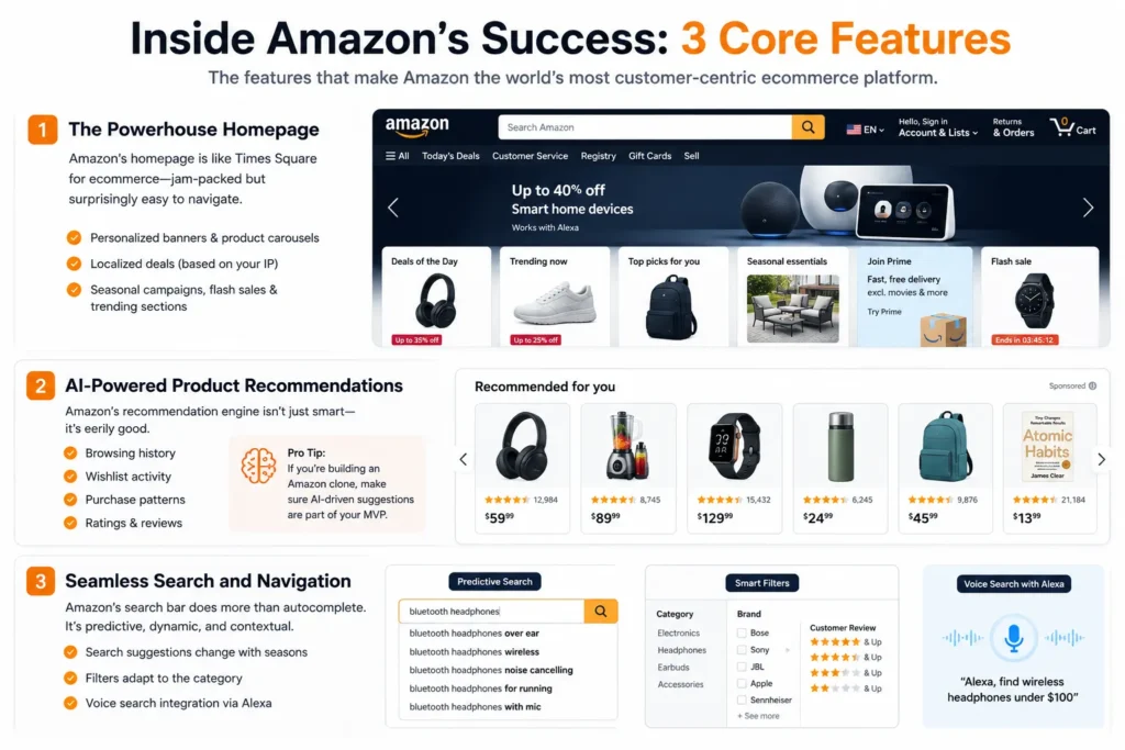 Amazon ecommerce features: a personalized homepage, AI-powered product recommendations, and intelligent search and navigation.