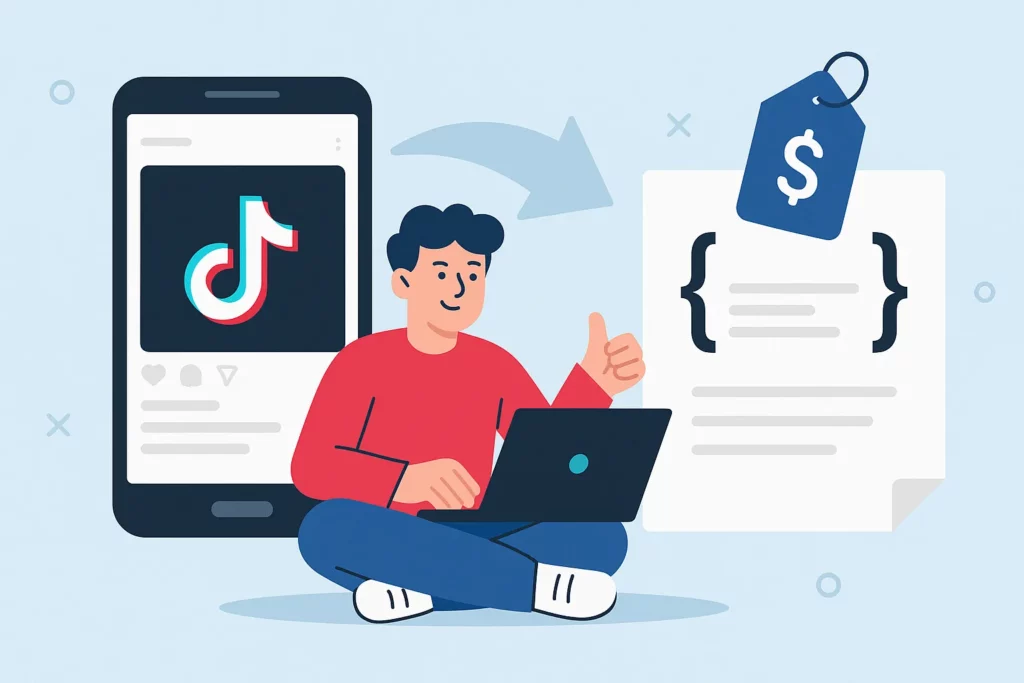 Young startup founder evaluating TikTok clone versus custom development with a scale and mobile app interface