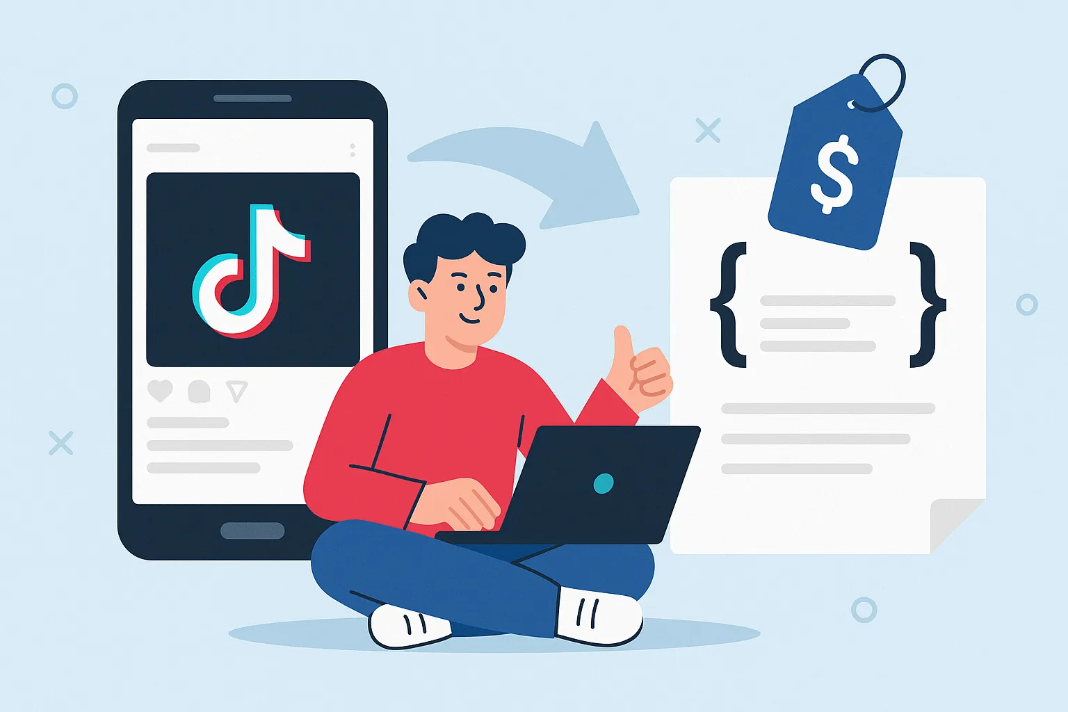 Young startup founder evaluating TikTok clone versus custom development with a scale and mobile app interface
