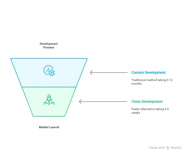 Timeline infographic showing AmazonFresh clone development (4–6 weeks) vs. custom grocery app development (6–12 months)