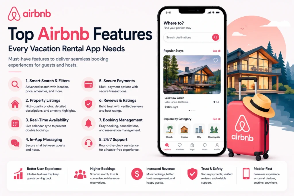 Modern Airbnb-inspired feature image showing a vacation rental mobile app interface with a luxury cabin listing, search filters, booking features, and travel-themed visuals. The design includes bold headline text “Top Airbnb Features Every Vacation Rental App Needs” with icons representing smart search, property listings, secure payments, reviews, messaging, booking management, and 24/7 support in a clean pink-and-white corporate layout.