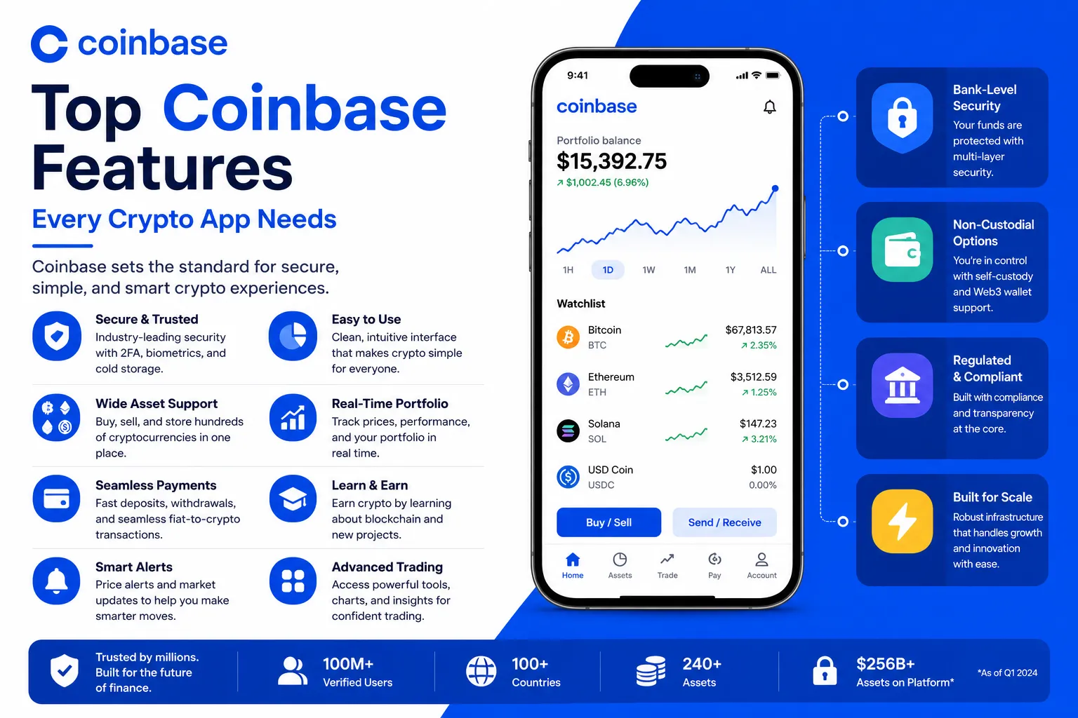 Modern Coinbase-inspired feature image showcasing essential cryptocurrency app features including secure wallet management, crypto trading, portfolio tracking, real-time market updates, regulatory compliance, and advanced security tools in a clean blue-and-white fintech design.