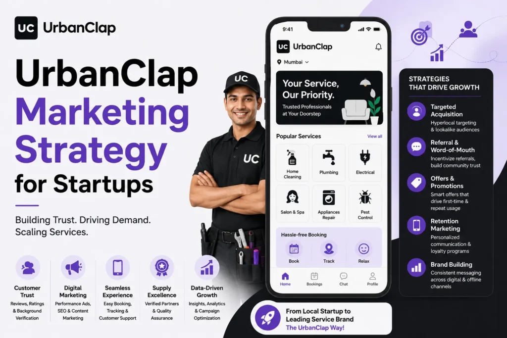 Featured image illustrating UrbanClap's marketing strategy for startups, featuring a home services app interface, service professional, growth strategies, customer acquisition, and digital marketing elements in a clean purple-and-white corporate design.