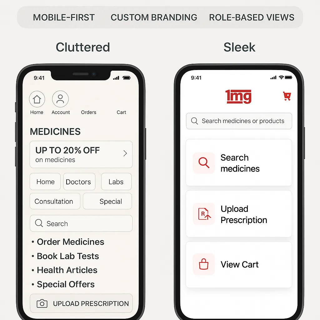 User friendly UI UX design for 1mg clone app with custom branding and intuitive pharmacy navigation