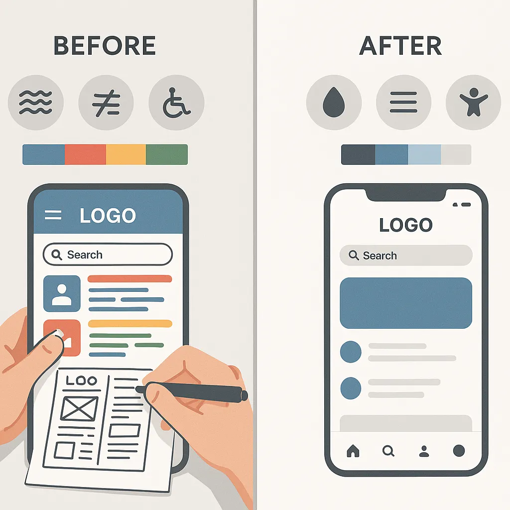 Visual comparing poor and excellent UI UX for delivery apps with responsive mobile screens brand customization and accessibility features