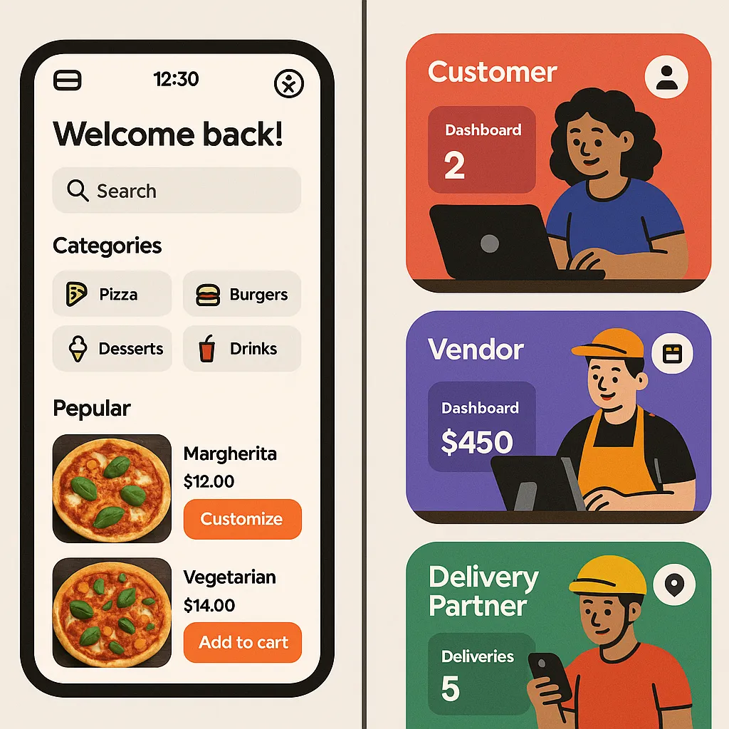 Visual comparison of tailored UI-UX designs for customers, vendors, and delivery agents in a Delivery Hero clone, emphasizing clean interface and role-based accessibility.