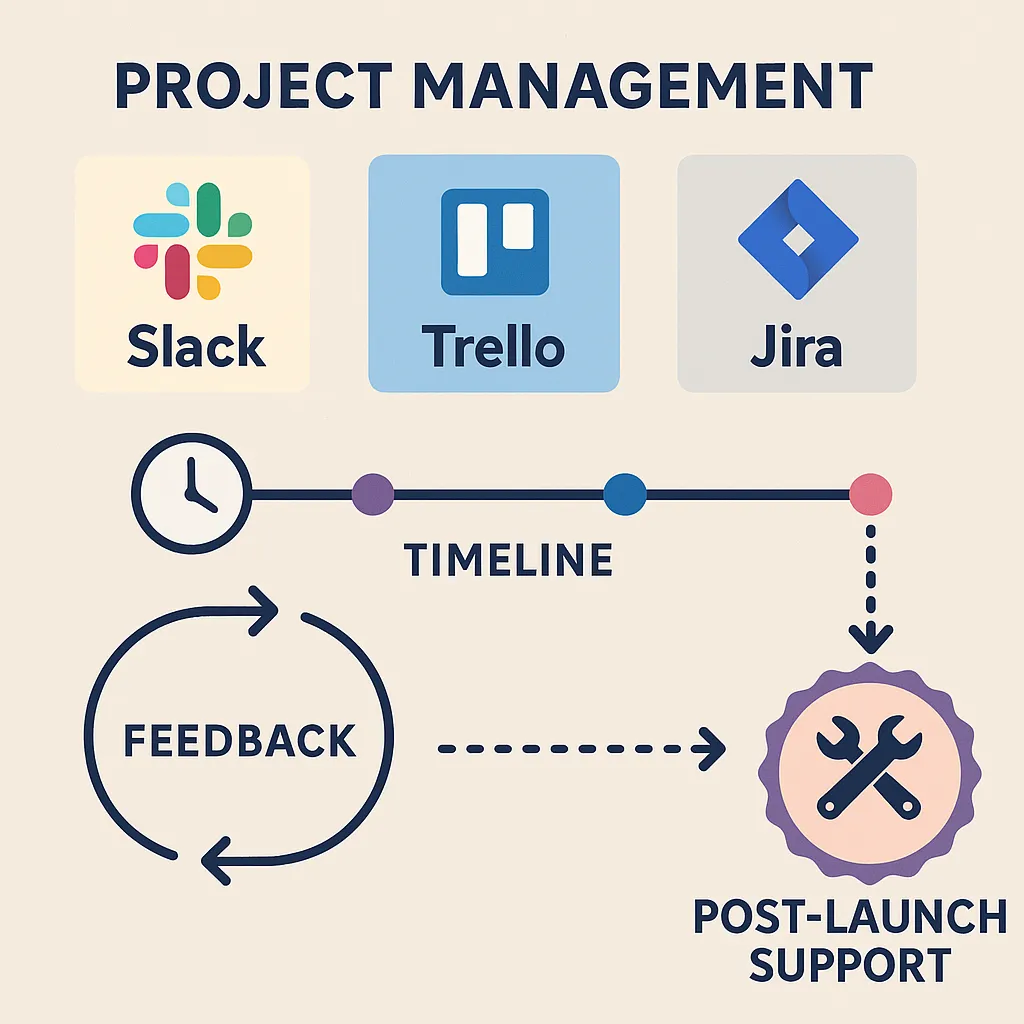 Visual guide showing developer communication workflow with real-time updates, agile tools, and post-launch support for app projects.