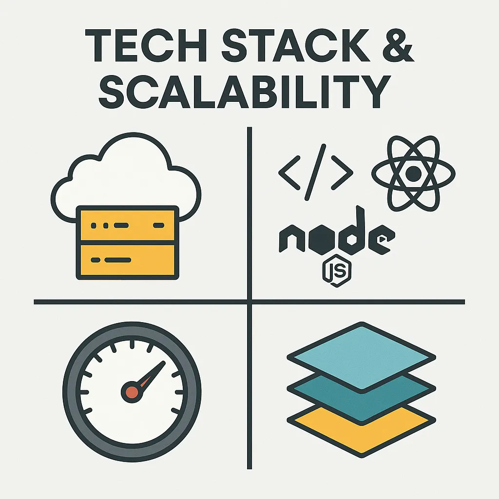 Visual guide showing key tech stack components and scalability features needed for Noon clone apps, such as cloud hosting, modular architecture, and high-performance frameworks.