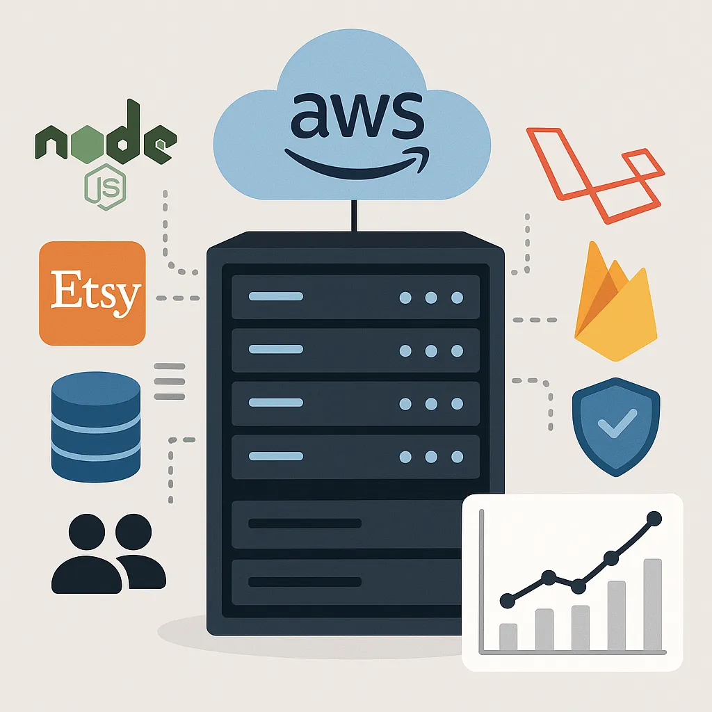 Visual infographic highlighting a scalable tech stack for Etsy clone development with AWS, Node.js, Laravel, and cloud services supporting high traffic.