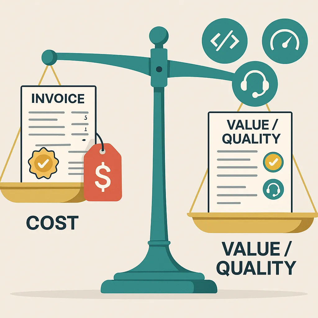 Visual of pricing versus quality balance for hiring a Rappi clone developer, showing value-focused development and cost transparency.