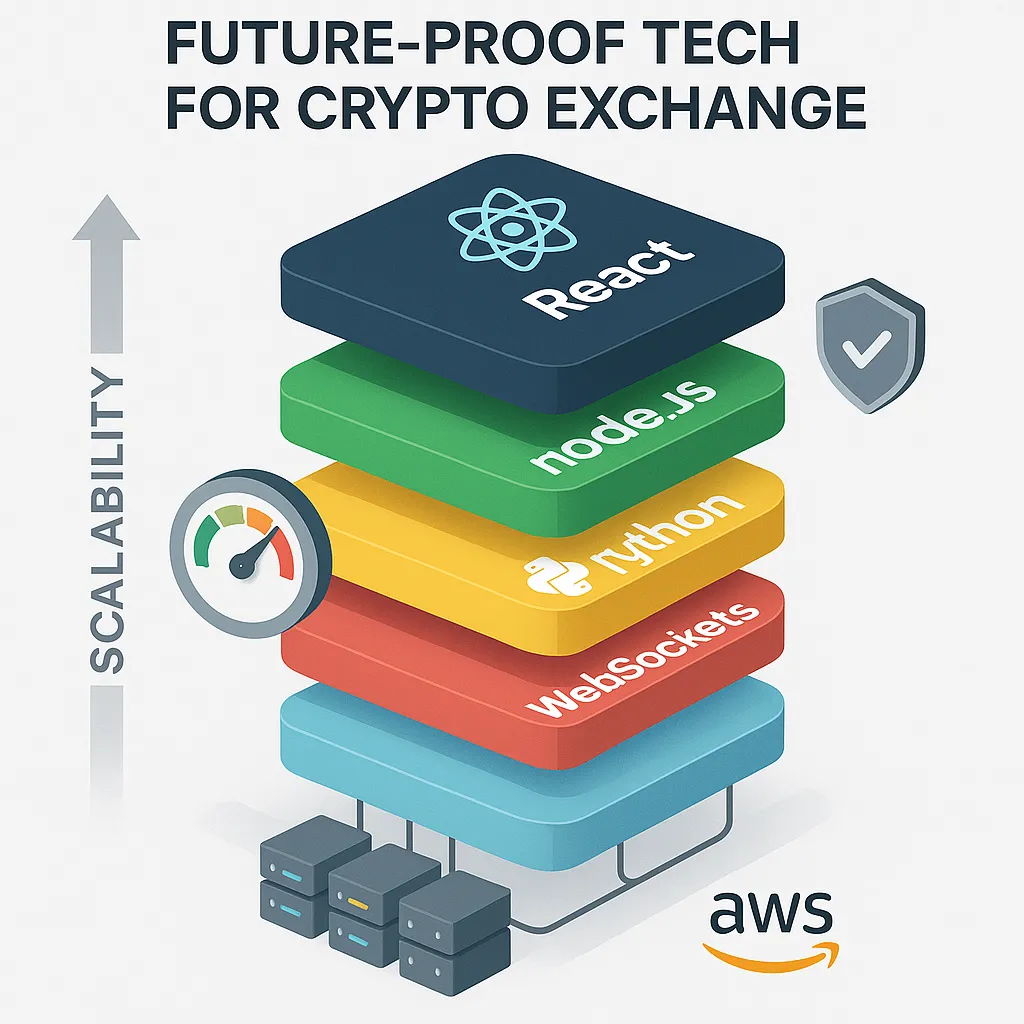 Visual of scalable tech stack for MEXC clone development including React, Node.js, AWS, and real-time WebSocket trading support.