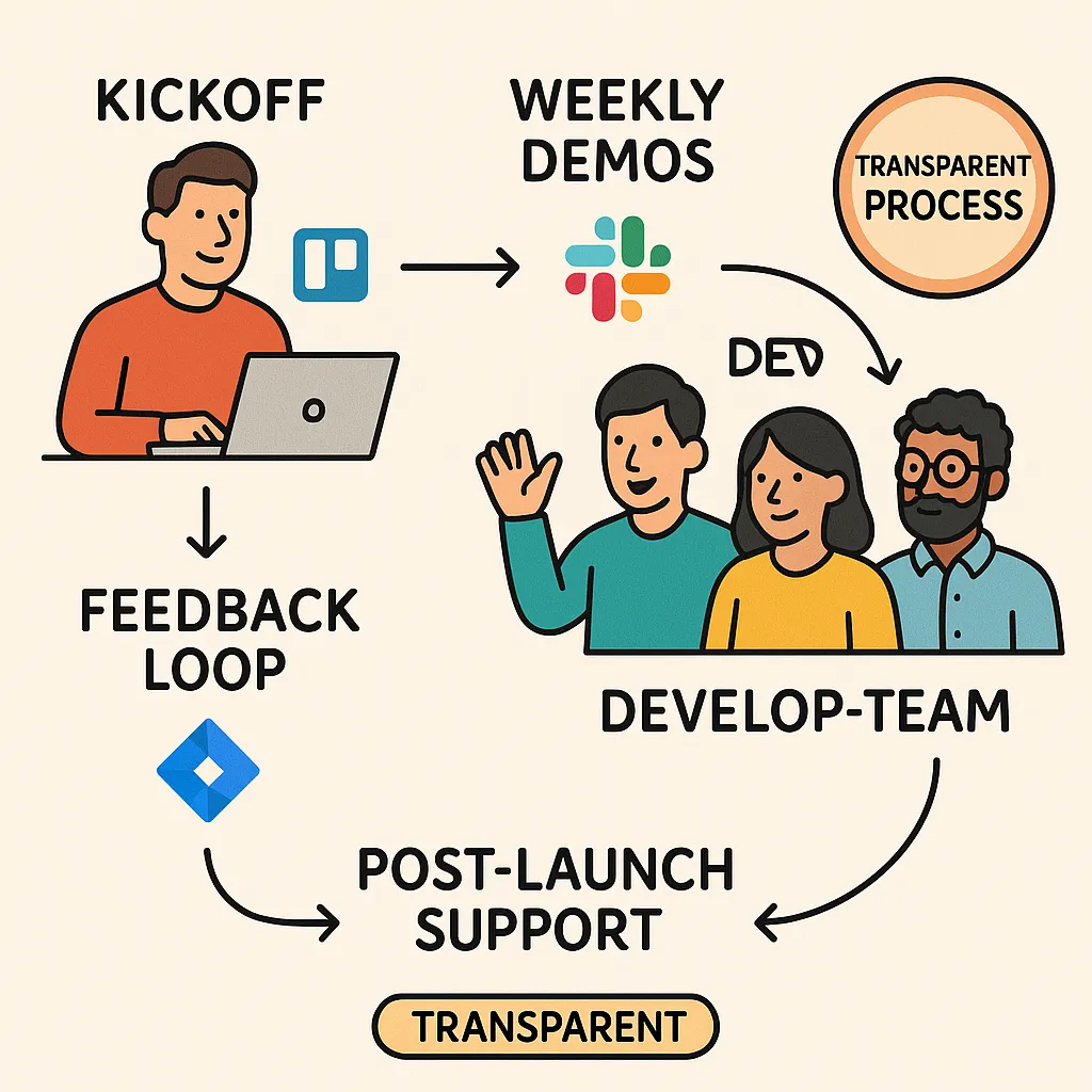 Visual project workflow showing communication tools and agile collaboration for 1mg clone development