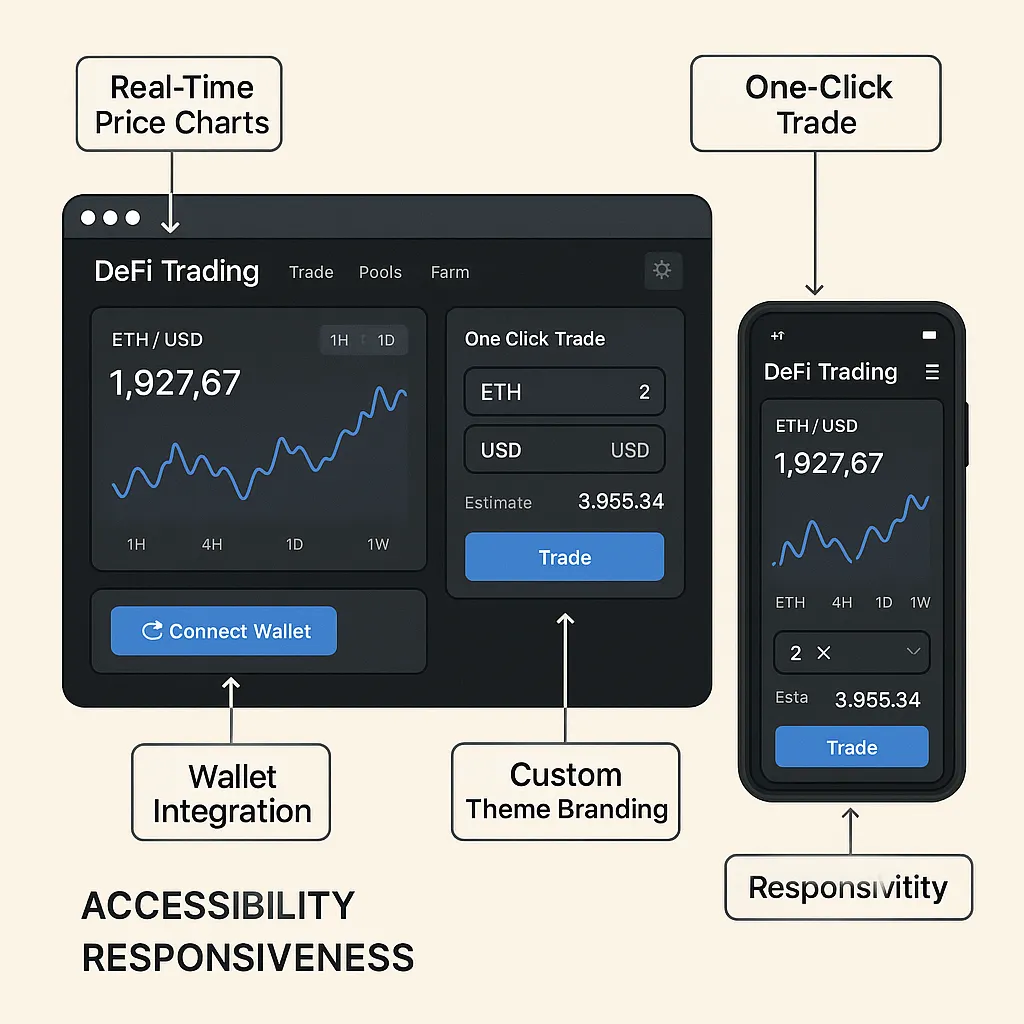Visual representation of a user-friendly GMX clone dashboard with mobile responsiveness, real-time trading UI, and customizable DeFi interface features.