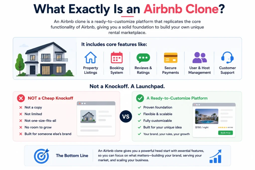 Reasons startups choose our Airbnb clone over custom development 1 what an Airbnb clone is, showing core features such as property listings, booking system, reviews and ratings, secure payments, user and host management, and customer support, with a comparison between a cheap knockoff and a customizable rental marketplace platform.