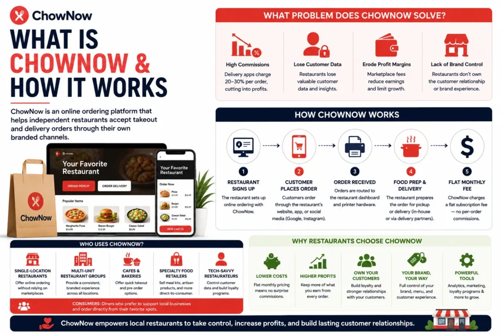 Business Model of ChowNow: How This Food Ordering Platform Empowers Local Restaurants 1 Simple ChowNow business model feature image showing a food ordering mobile app interface, takeaway packaging, and bold headline text “Business Model of ChowNow: How This Food Ordering Platform Empowers Local Restaurants.” The design uses a clean white background with red and dark navy branding, highlighting online ordering, restaurant fulfillment, customer orders, and restaurant revenue growth.
