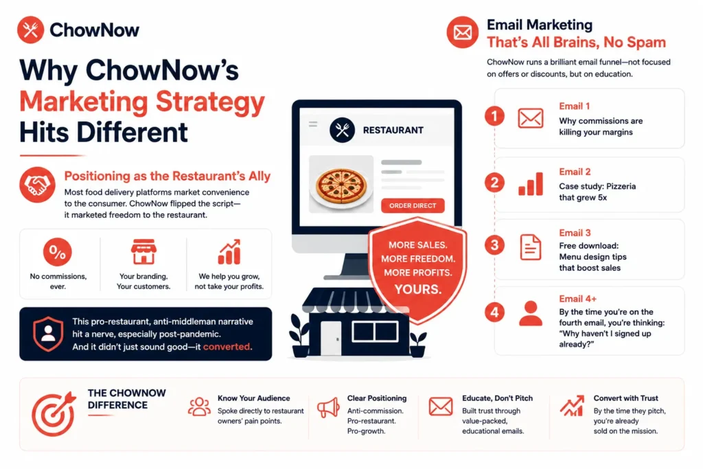ChowNow's marketing strategy, highlighting its restaurant-first positioning with no-commission messaging, restaurant branding, growth-focused value proposition, and an educational four-step email marketing funnel that drives customer conversions.