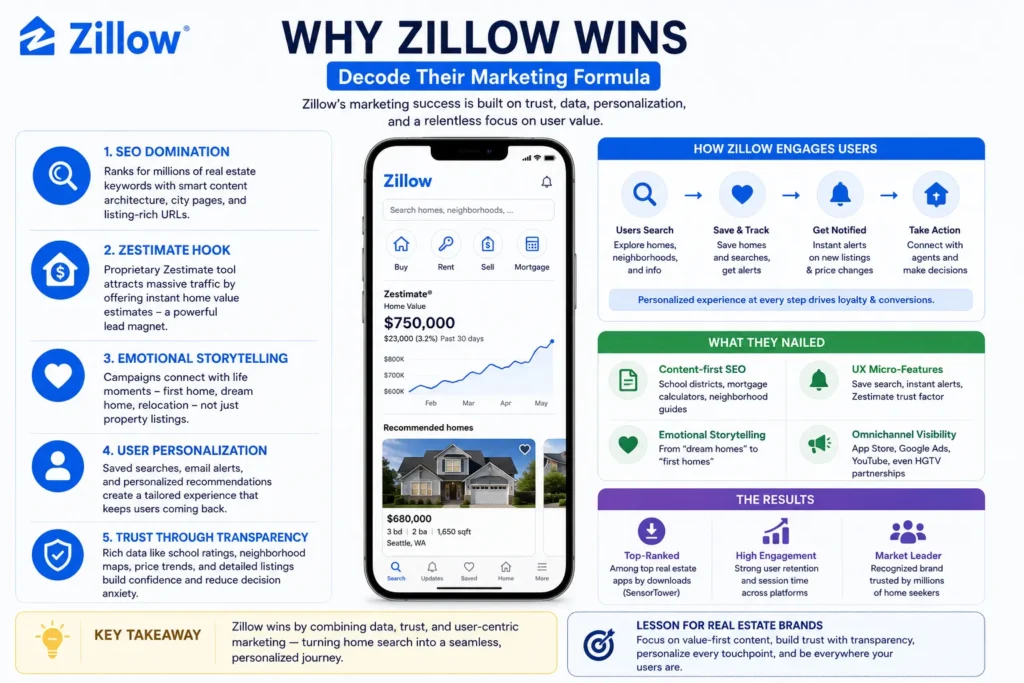 Zillow App Marketing Strategy: Turning Clicks into Closings 1 Informative Zillow marketing strategy infographic highlighting SEO domination, Zestimate lead generation, emotional storytelling, user personalization, and trust-building features that help convert home search traffic into qualified buyers and sellers.