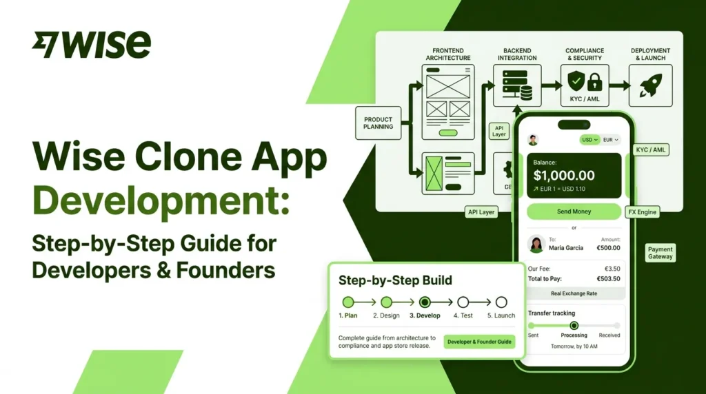 Wise clone app development guide showing the step-by-step process for building a multi-currency money transfer app, from planning and UI design to API integration, compliance, and launch.