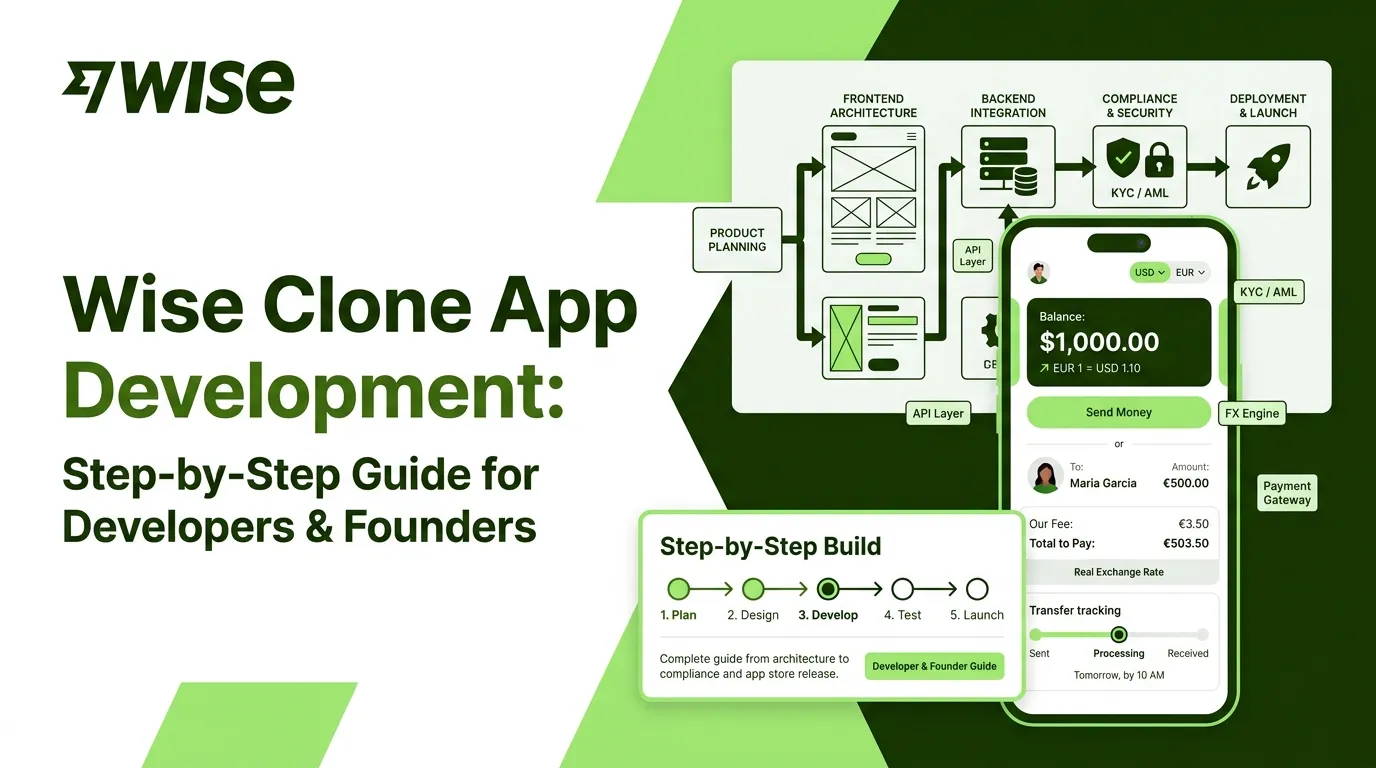 Wise clone app development guide showing the step-by-step process for building a multi-currency money transfer app, from planning and UI design to API integration, compliance, and launch.