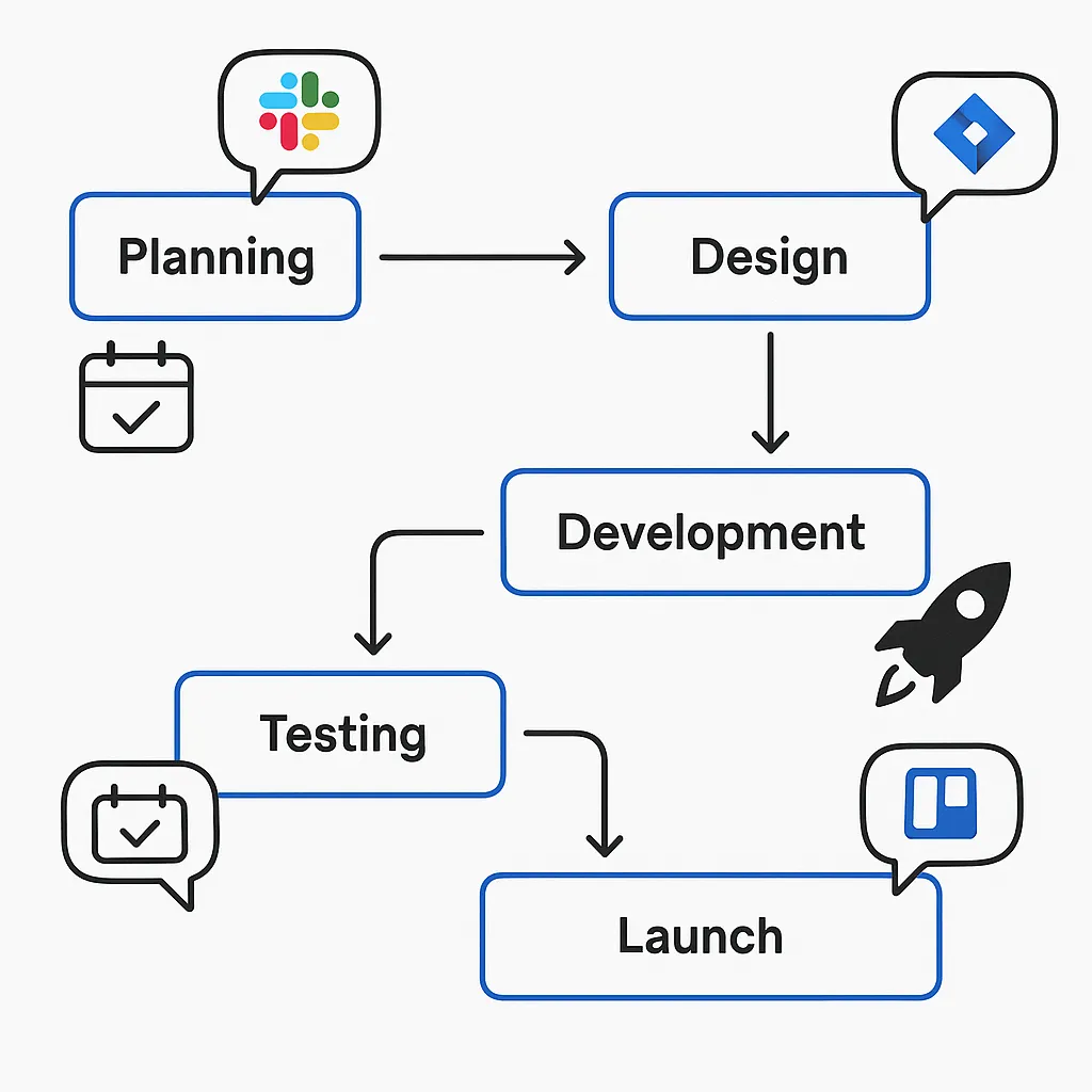 Workflow diagram of Netmeds clone development with tools like Jira and Slack emphasizing transparent communication and project tracking