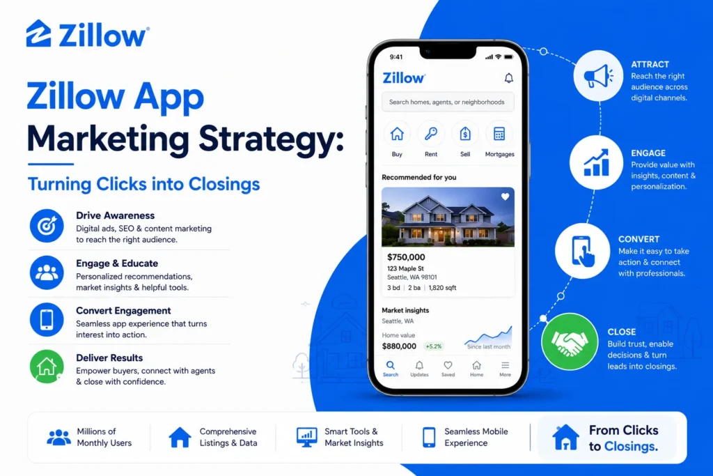 Text-based Zillow marketing strategy infographic highlighting the key pillars behind Zillow’s growth, including SEO domination, Zestimate lead generation, emotional storytelling, user personalization, trust-building features, and omnichannel marketing.