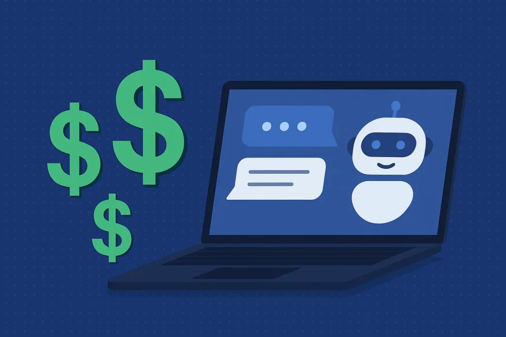 Digital illustration of a laptop screen showing a chatbot conversation, with large green dollar symbols to represent development and monetization costs for AI chat assistants