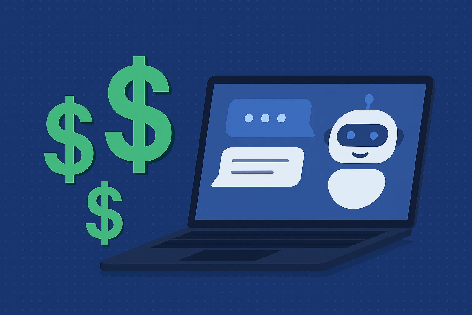 Digital illustration of a laptop screen showing a chatbot conversation, with large green dollar symbols to represent development and monetization costs for AI chat assistants