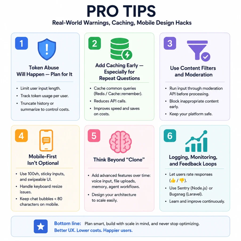 Infographic showing AI chatbot app development tips including token abuse prevention, caching, content moderation, mobile-first design, advanced features, logging, and monitoring