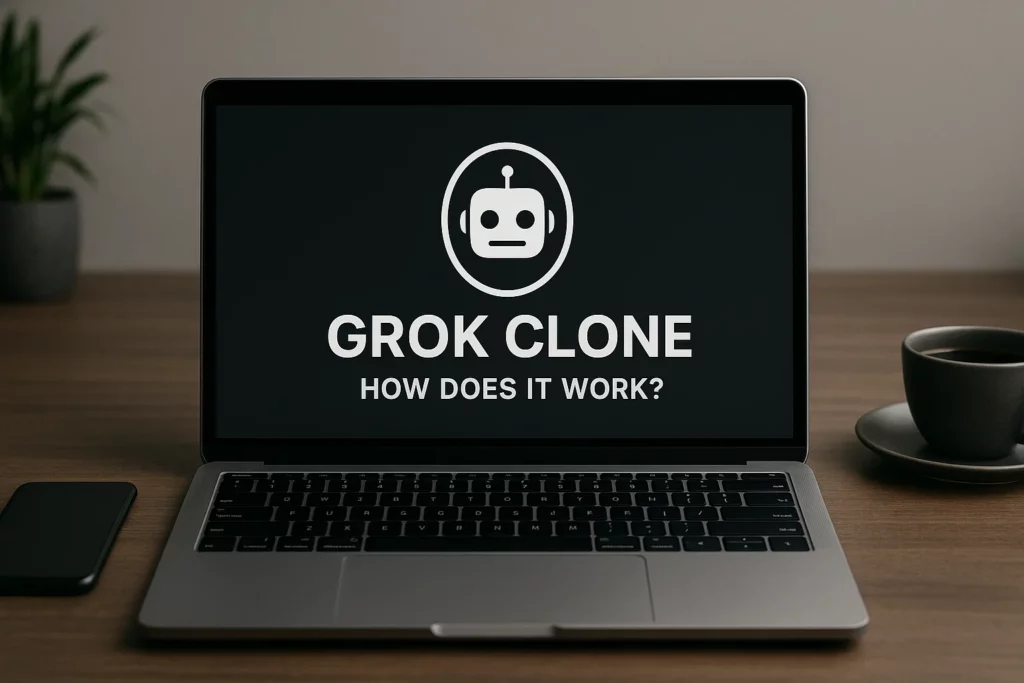 Laptop screen displaying "Grok Clone - How Does It Work?" with a robot icon, placed on a wooden desk alongside a smartphone, coffee cup, and a plant.