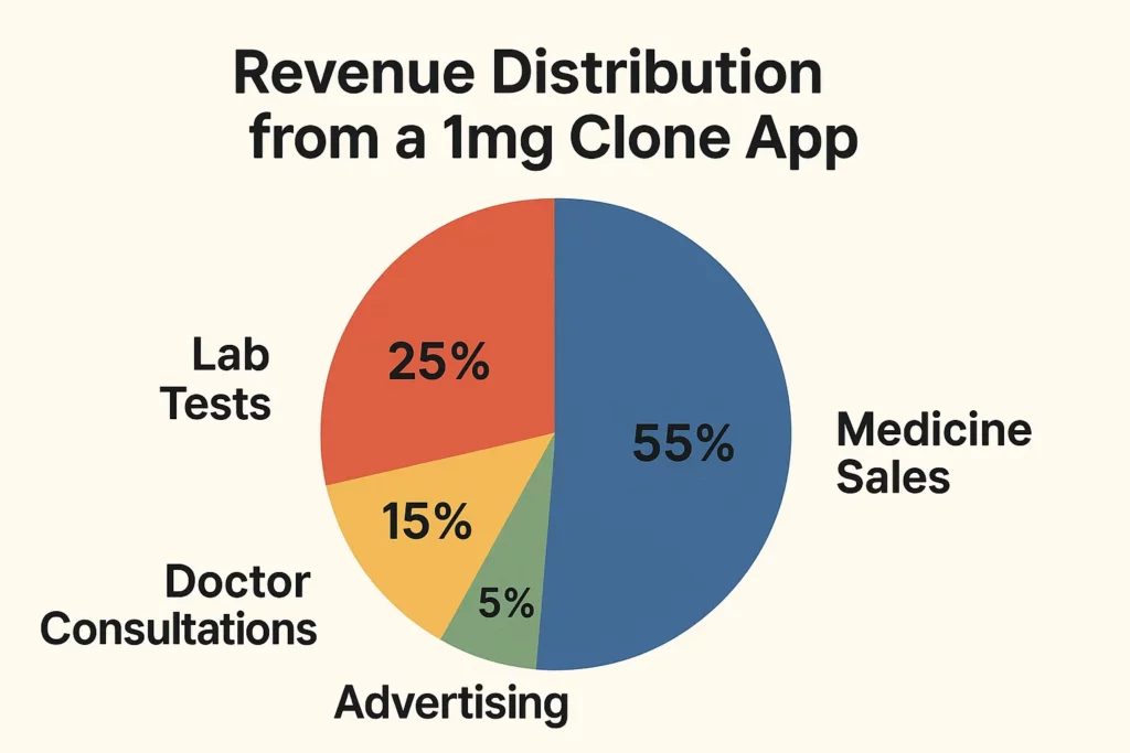 Pie chart titled “Revenue Distribution from a 1mg Clone App” showing the percentage breakdown of revenue sources: 55% from Medicine Sales, 25% from Lab Tests, 15% from Doctor Consultations, and 5% from Advertising.