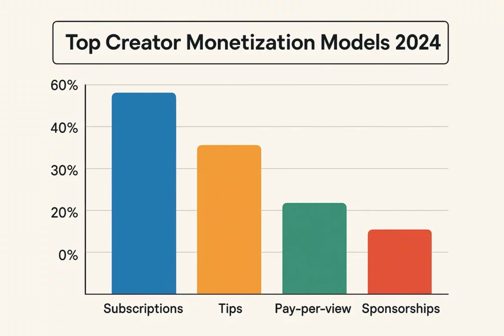 Bar chart titled "Top Creator Monetization Models 2024" comparing four revenue strategies: Subscriptions (~55%), Tips (~40%), Pay-per-view (~25%), and Sponsorships (~15%), with each bar represented in a different color.