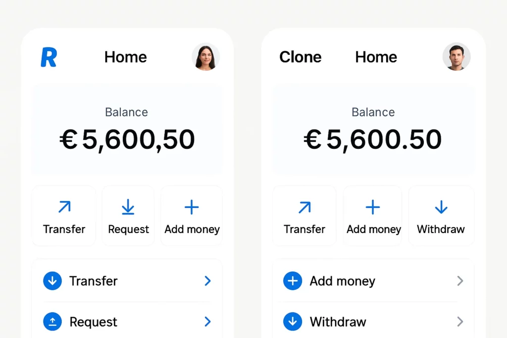 Side-by-side comparison of the original Revolut app interface and a Revolut Clone app, both showing a user balance of €5,600.50 and similar features like transfer, request, and add money.