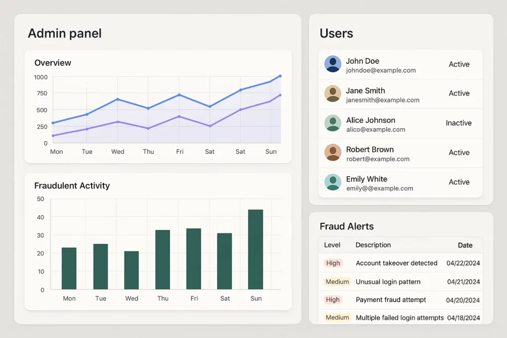 Admin panel dashboard displaying user activity analytics, fraudulent activity trends, a list of active and inactive users with email addresses, and a table of recent fraud alerts categorized by severity and date.