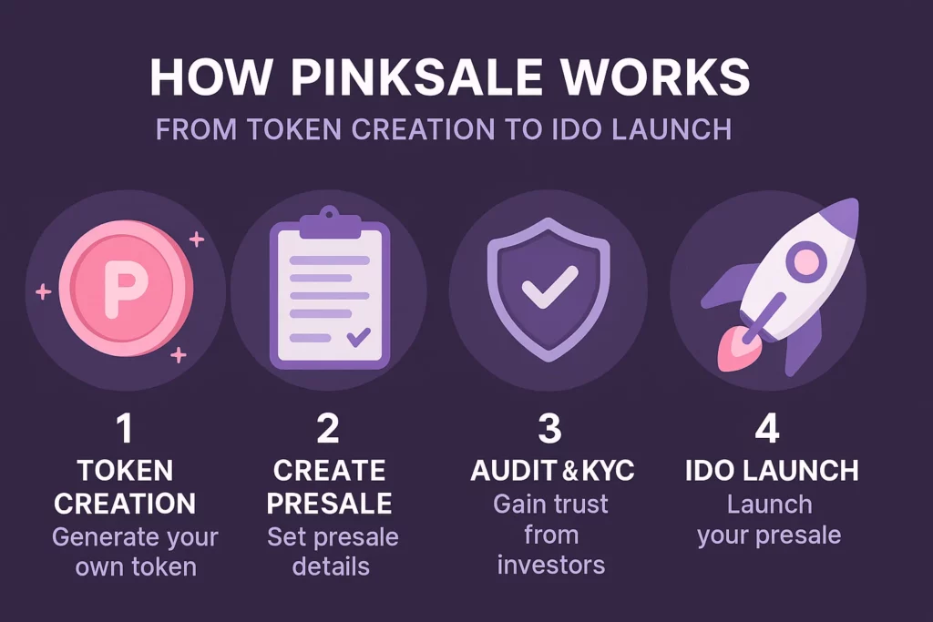 Infographic displaying the four-step process of how PinkSale works: 1. Token Creation – generate your own token, 2. Create Presale – set presale details, 3. Audit & KYC – gain investor trust, and 4. IDO Launch – launch your presale. Each step is illustrated with a unique icon on a dark purple background.
