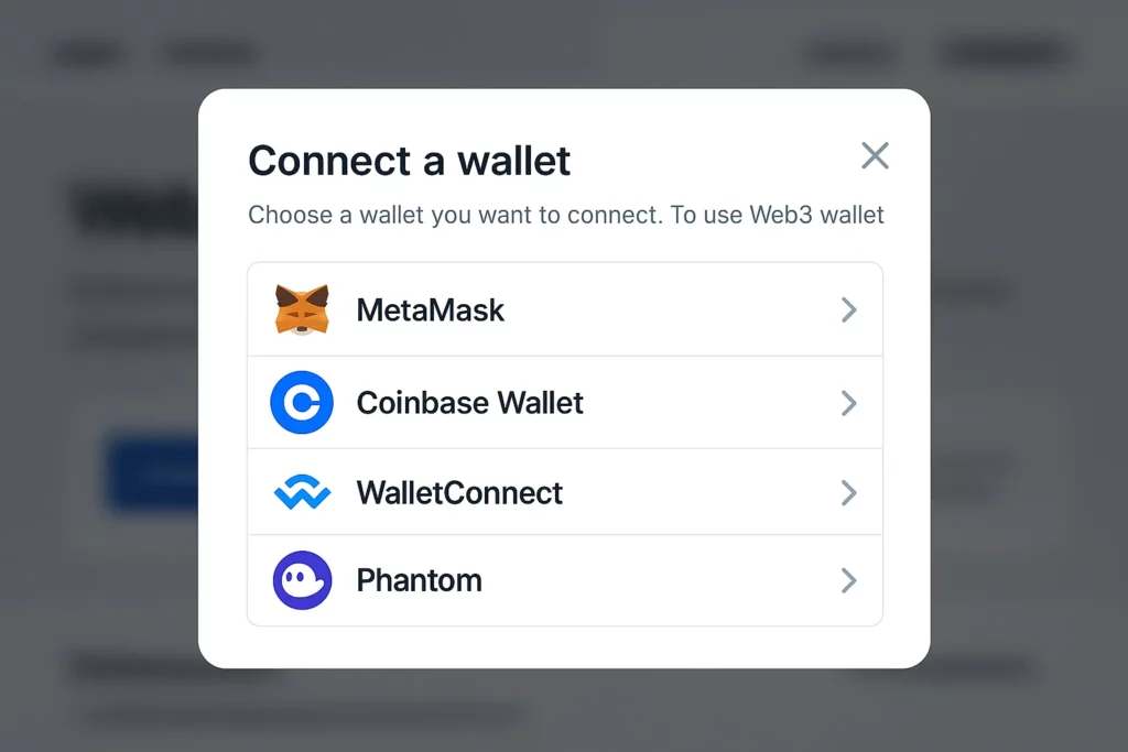 Web3 wallet connection interface showing four options: MetaMask, Coinbase Wallet, WalletConnect, and Phantom. Each option includes its respective logo and a right-arrow indicating selection.